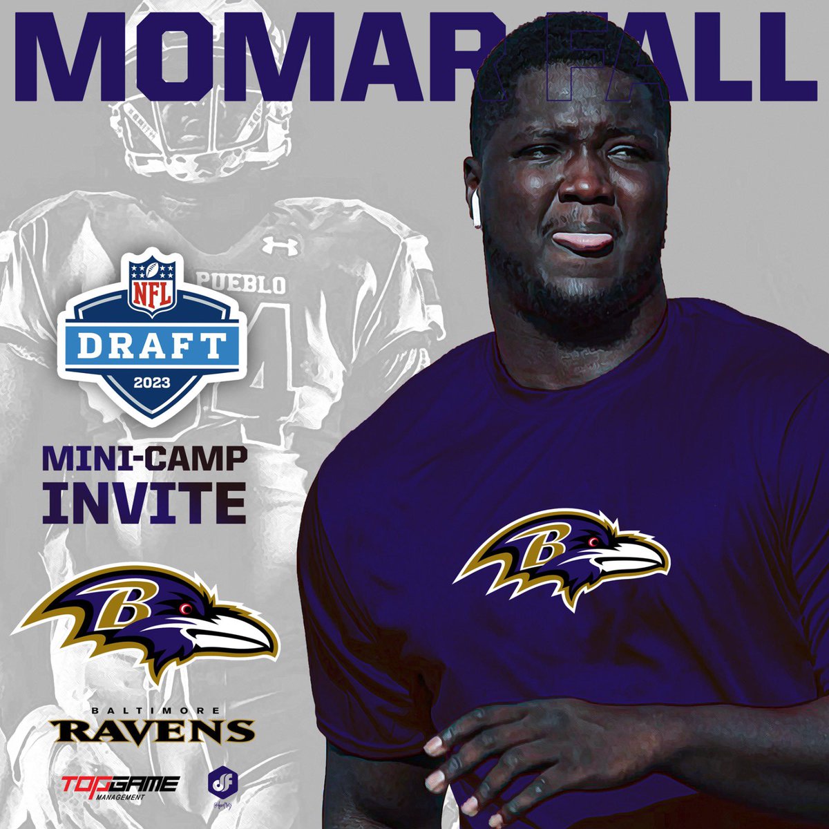 TopGameMGMT's tweet photo. Two NFL Mini-Camp invites? The Mo the merrier! π
Congrats, Momar! π
#TopGameFootball
Art by @davefretz πΌ https://t.co/ekF1cdYIAA