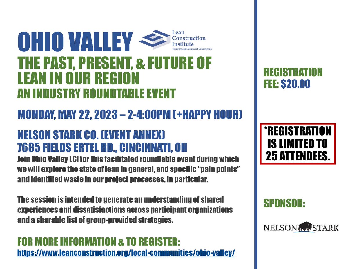 G3C_Consulting's tweet photo. Thank you Nelson Stark for sponsoring &amp; hosting our May 22nd @LeanConstruct  Ohio Valley Industry Roundtable Event! I'm really looking forward to it, and I hope you can join us. Space is limited, so don't wait to register at: https://t.co/uV039fWbKm #CollaborateInnovateCreate https://t.co/ATpUH36n8x