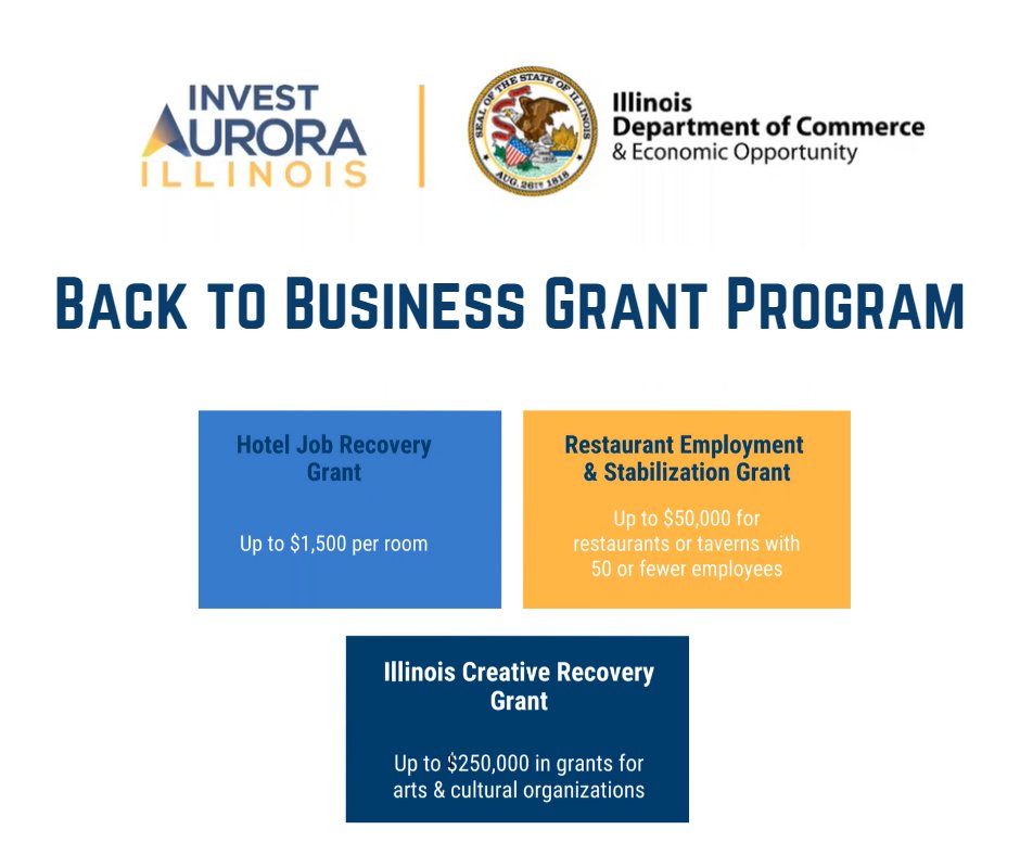 DunhamFdn's tweet image. The deadline is approaching to apply for grant funding through the State of Illinois Back to Business Grant Program. Eligible restaurants, hotels, and creative businesses may apply for $175 million in available grant funding.
For more  information, visit investaurora.org/back2business/
