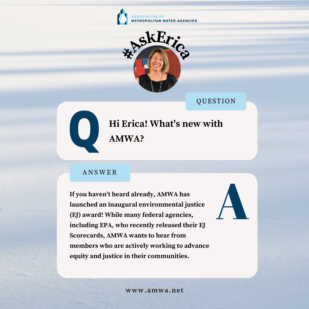 AMWA_water's tweet photo. In this week’s #AskErica series, @AMWA_water Chief Policy and Strategy Officer Erica Brown reminds members to apply for the #Environmental #Justice and #Equity #Utility Management Award.
For more information or to apply, click here: https://t.co/os7WvITzjA https://t.co/yoSHufIhl0