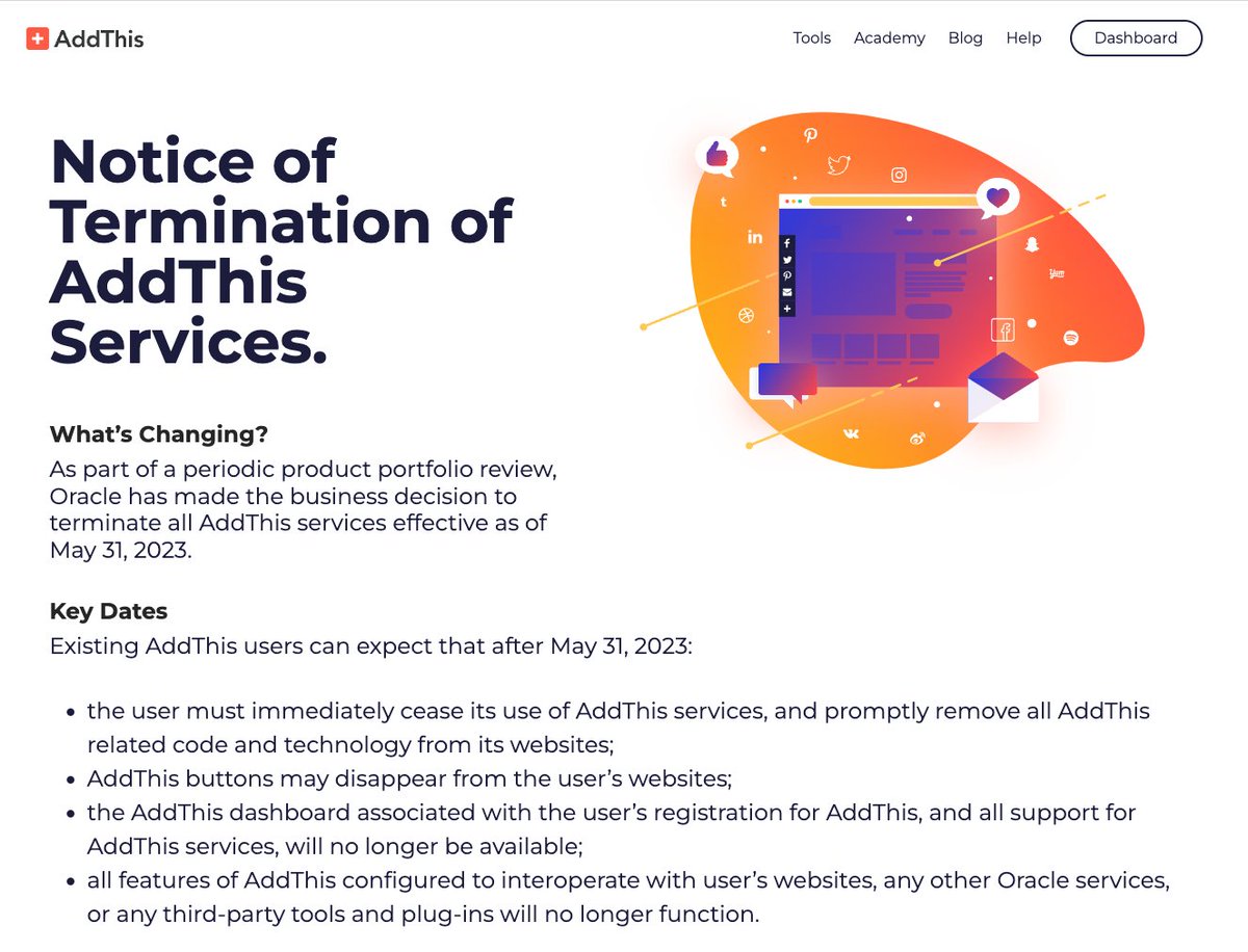 rendermouse's tweet image. Oracle is shutting down AddThis.  If your website uses AddThis to handle sharing your content to social platforms, you have until May 31, 2023 to find an alternate solution.