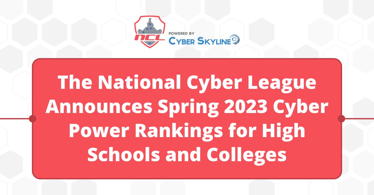 National Cyber League (NCL) (@natlcyberleague) on Twitter photo We're excited to share the Spring 2023 Cyber Power Rankings, which recognizes the top schools based on their performance in the National Cyber League. Over 7,500 students from more than 700 schools competed this season. 
Check out the full announcement: lnkd.in/eSR-SNvD We're excited to share the Spring 2023 Cyber Power Rankings, which recognizes the top schools based on their performance in the National Cyber League. Over 7,500 students from more than 700 schools competed this season. 
Check out the full announcement: lnkd.in/eSR-SNvD