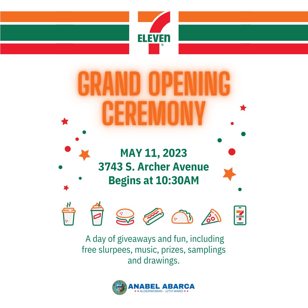 I am so excited to announce that 7-Eleven has officially opened its newest location in McKinley Park 🎉 7-Eleven will be hosting its grand opening ceremony on May 11, 2023, starting at 10:30 AM. I invite residents to stop by and enjoy the free goodies and activities.