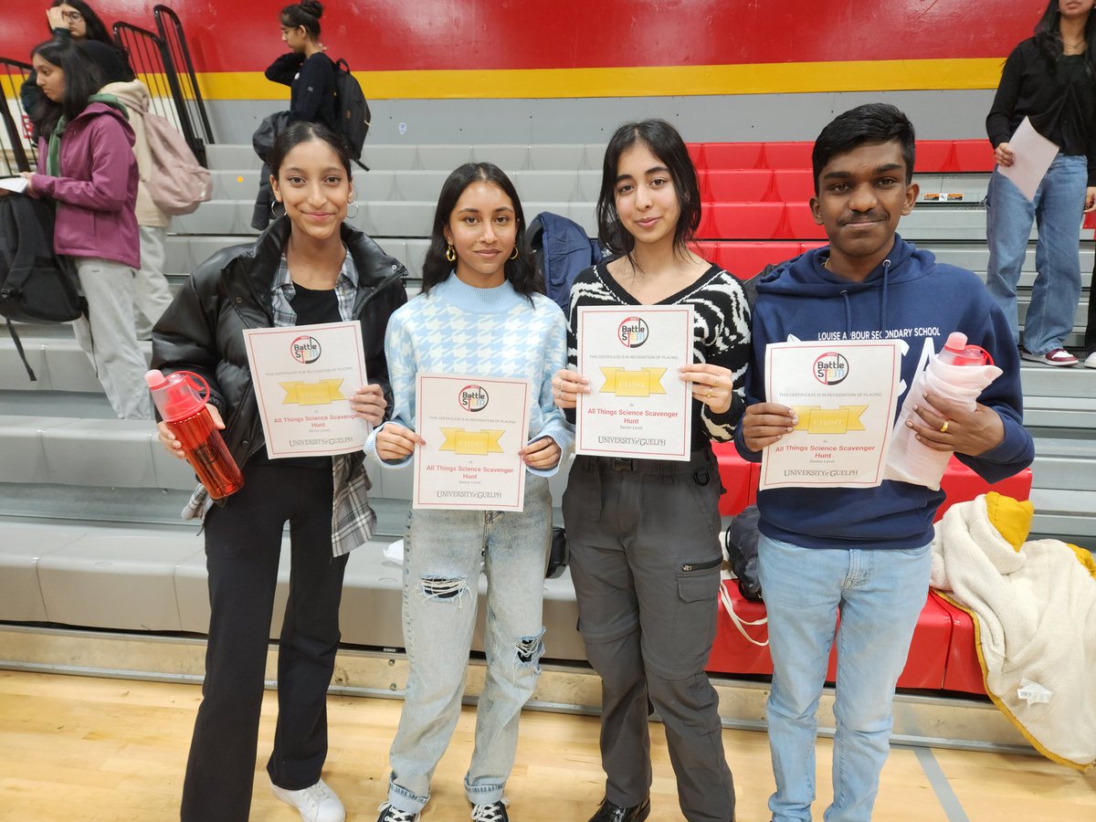 MsEnglehart's tweet photo. Congratulations to Abishan, Olivia, Shyleen, and Mehak for coming first in the All Things Science Scavenger Hunt at the University of Guelph Battle Stem. #battleStem #UofG @LASSinspires @LouiseArbourSAC https://t.co/SIIQnXAokB