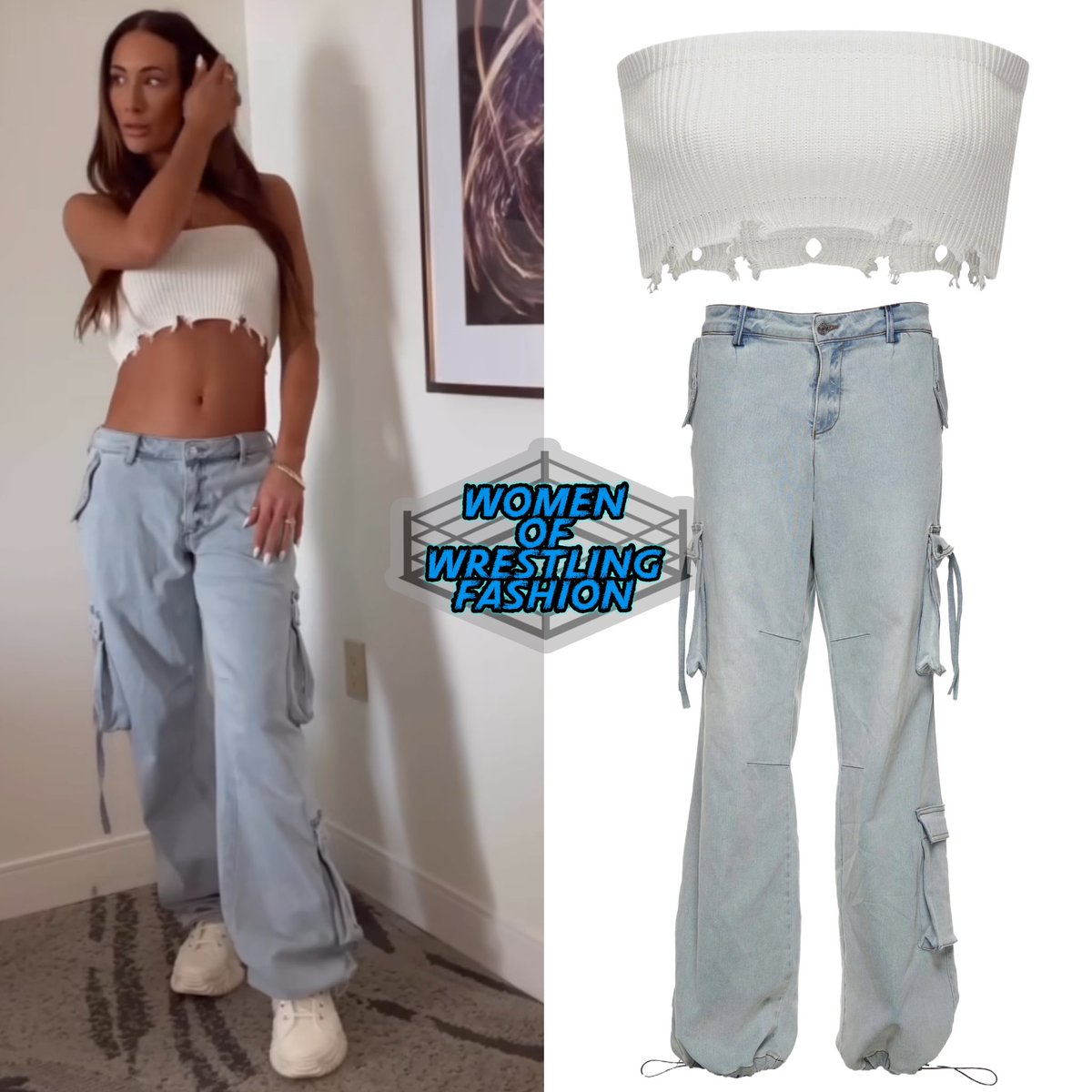 WmenWrstlinFash's tweet photo. .@CarmellaWWE is wearing the Ember Top in White ($59 on sale) and Samira Low Rise Cargo Jean ($325) from #Seroya https://t.co/WPKZrjxHNI