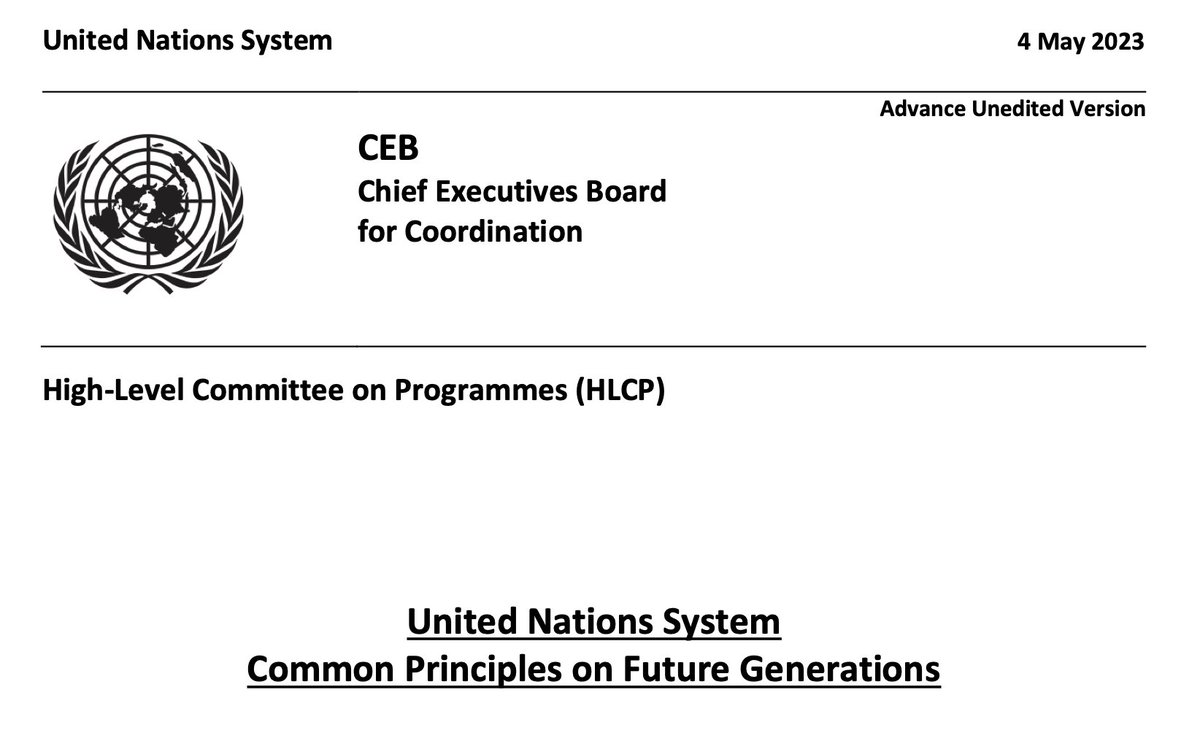 👉 Announcement 👈 I'm proud to share that the United Nations System Common Principles on Future Generations have been adopted. I'm grateful to UN High Level Committee on Programmes for the opportunity to advise on the drafting of these principles. bit.ly/3nJJJGZ 🧵