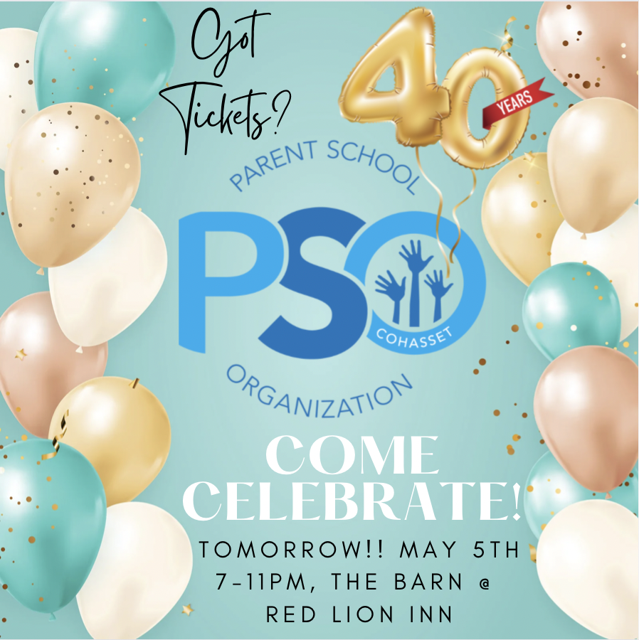 TOMORROW The Cohasset PSO is having a party in celebration of the PSO's 40th.
It is sure to be a special night filled with delicious food &amp; drink, dancing, raffles, and a silent auction.
Friday, May 5th 7pm -11pm, The Barn at The Red Lion
Tickets at: cohassetpso.com/.../40th-anniv…...