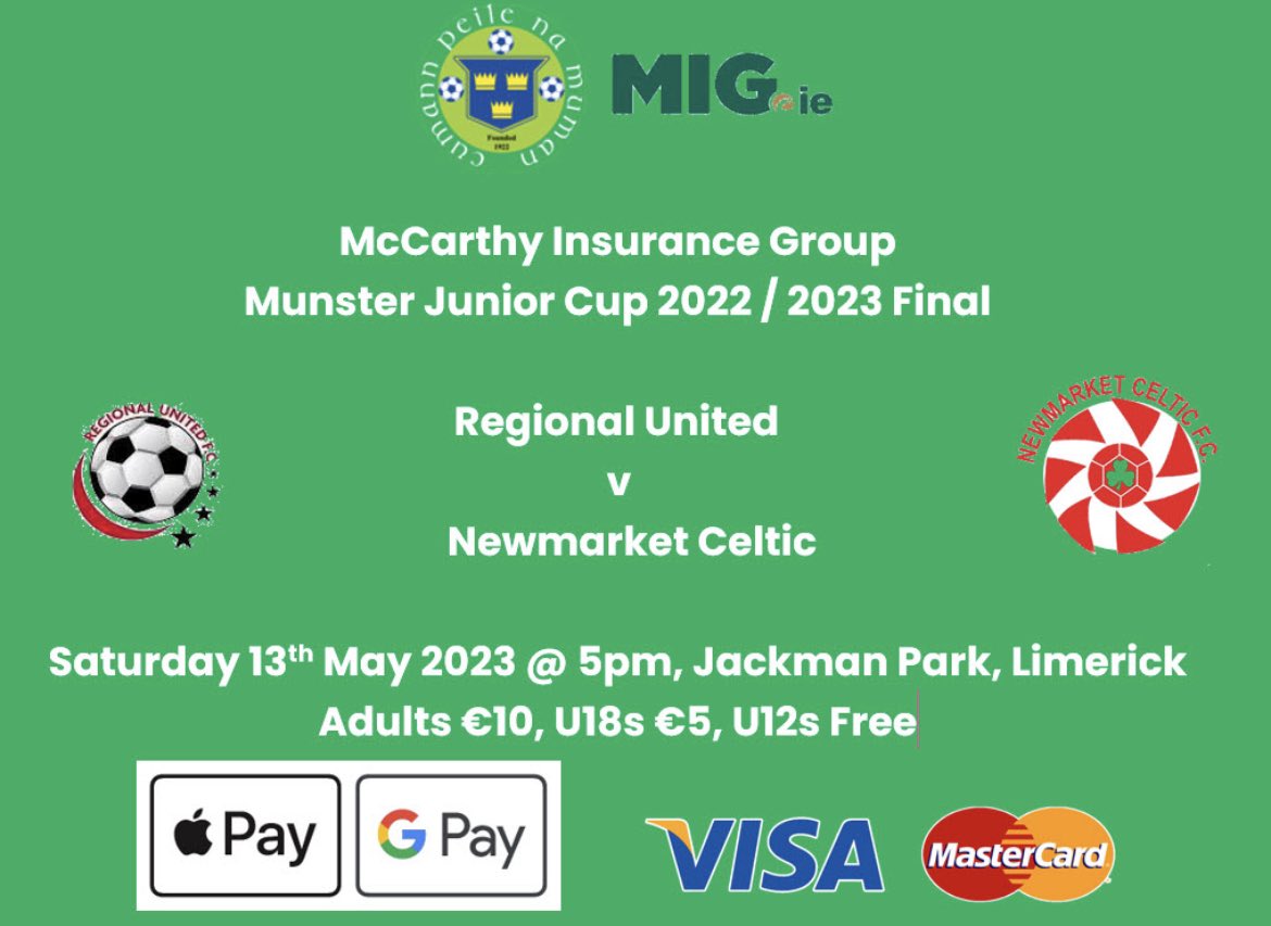 MunsterFA's tweet photo. Countdown is on to the @mig_ie Munster Junior Cup Final on Saturday 13th May, 5pm KO, Jackman Park Limerick. @RegionalUtdFC who have knocked out a number of big clubs on their path to the final v @NewmarketCeltic the newly crowned @FAIreland Junior Cup Champions ⚽️⚽️ https://t.co/qEhijhCbLd