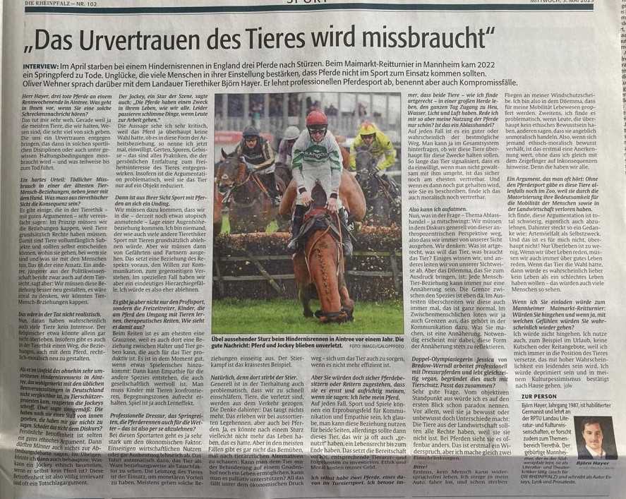 Bjoern_Hayer's tweet image. Ist #Sport mit Tieren per se abzulehnen? Meiner Meinung nach nicht komplett. Schlägt er sich in einer spielerischen #Partnerschaft zw Mensch und #Tier nieder, kann er für beide Seiten produktiv sein. Das ist aber selten so, meine ich im Interview mit der #Rheinpfalz #Ethik