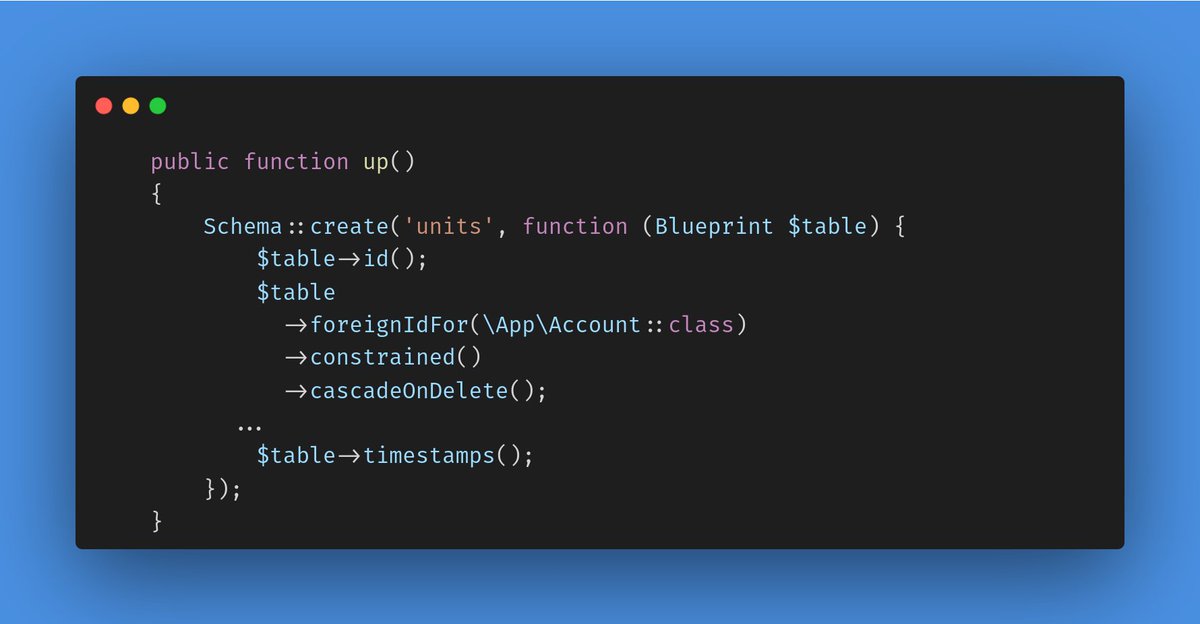 GasnerElad's tweet image. It&apos;s so easy to create a foreign key constraint and indicate that deletes should cascade in #Laravel.
@ThePracticalDev #devbubble