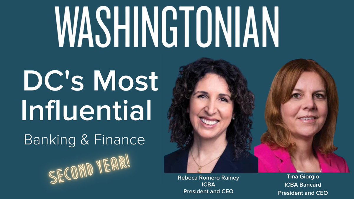 Independent Community Bankers of America (@icba) on Twitter photo 🎉 For the second year in a row, <a href="/romerorainey/">Rebeca Romero Rainey</a> and <a href="/tnagiorgio/">Tina Giorgio</a> have made the <a href="/washingtonian/">Washingtonian 🌸</a> 500 Most Influential People list! Thank you Washingtonian for recognizing our incredible ICBA #communitybanking leaders! washingtonian.com/2023/04/27/was… 🎉 For the second year in a row, <a href="/romerorainey/">Rebeca Romero Rainey</a> and <a href="/tnagiorgio/">Tina Giorgio</a> have made the <a href="/washingtonian/">Washingtonian 🌸</a> 500 Most Influential People list! Thank you Washingtonian for recognizing our incredible ICBA #communitybanking leaders! washingtonian.com/2023/04/27/was…