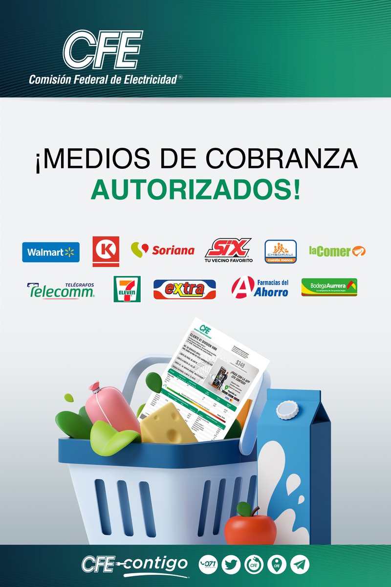 CFE_Contigo's tweet photo. Recuerda que tenemos medios de cobranza autorizados, con amplios horarios y fines de semana. #ConectadosContigo https://t.co/kfdD5deWtG