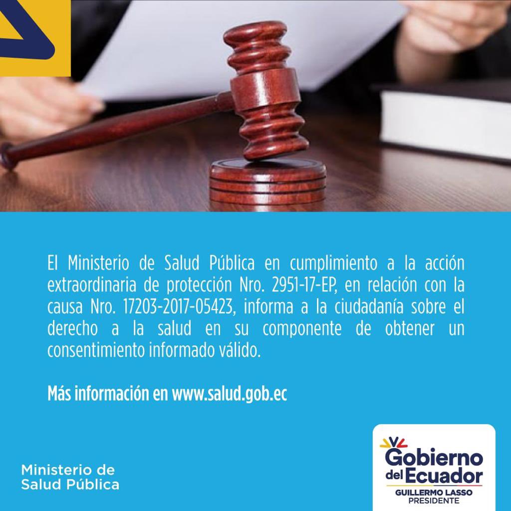 .<a href="/Salud_Ec/">Ministerio de Salud Pública 🇪🇨</a> en cumplimiento a la sentencia emitida dentro de acción extraordinaria de protección No. 2951-17-EP comparte ↓
• Sentencia íntegra: bit.ly/3X4cOpI
• Derecho a la salud en su componente de obtener un consentimiento informado válido: bit.ly/40unzUW