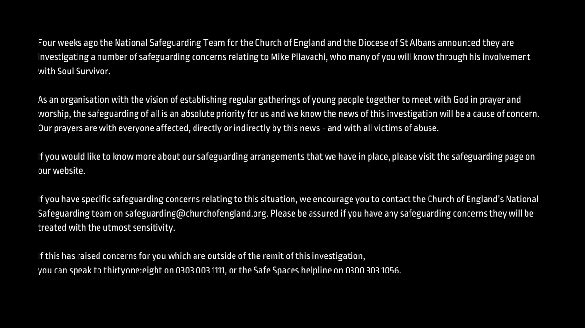 A statement from Movement regarding the safeguarding investigation into Mike Pilavachi.