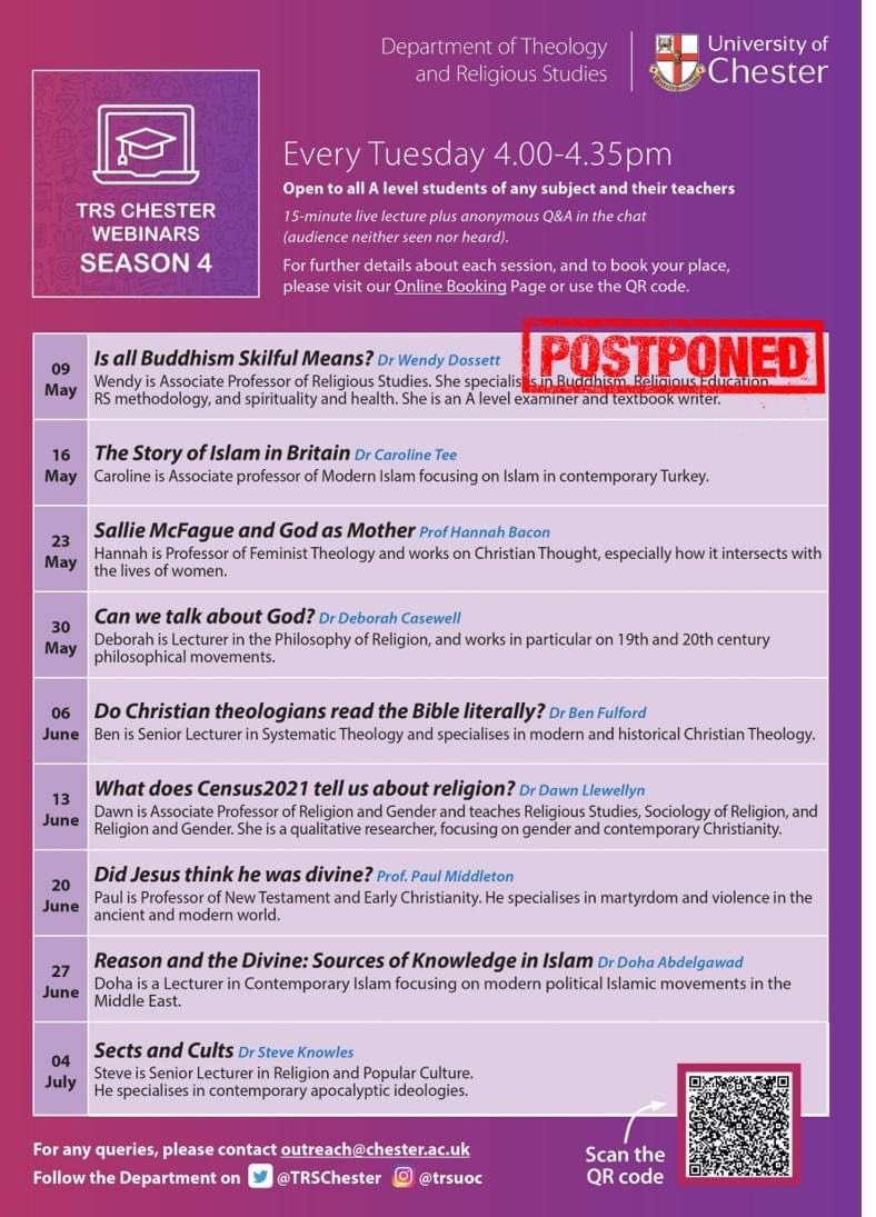 Unfortunately @WEDossett’s @TRSChester #AlevelRSWebinar on Skilful Means scheduled for May 9 has been postponed. Season 4 begins on May 16 with ‘Islam in Britain’ - Dr Caroline Tee @TeamRE_UK @NATREupdate @reonline_tweets @WJEC_RS @OCR_RS @EdexcelRS Book: eventbrite.com/cc/theology-an…