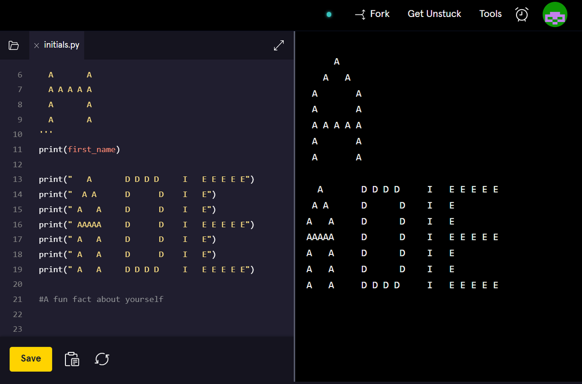 Abbas_techie's tweet image. DAY 1 
Completed my first ASCII Art @Codecademy in python and I wrote my name....Looking forward to more amazing things.
#100daysofcodechallenge #Pyhtonprogramming #Python #SoftwareEngineering