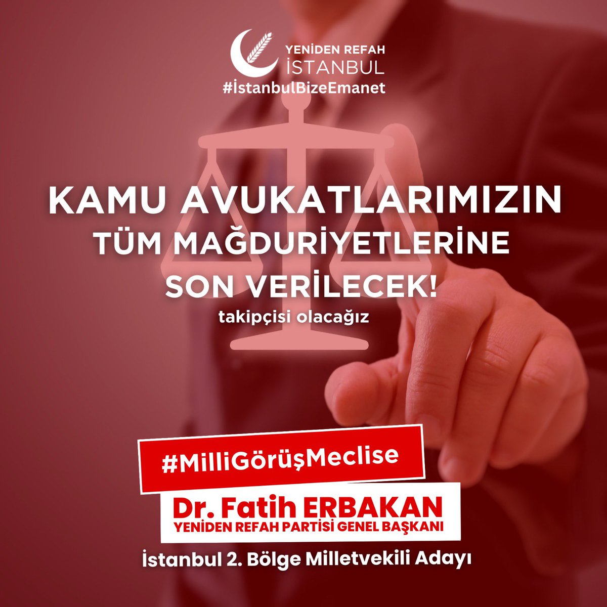 Kamu Avukatlarımızın Refahı Hazır! 

📍Seyyanen zam ile refah seviyelerini artıracağız
📍Bağımsız meslek kanunu hazırlanacak
📍Özlük hakları revize edilerek güçlendirilecek

#MilliGörüşMeclise 
#İstanbulBizeEmanet
#kamuavukatıhaklıbeklenti