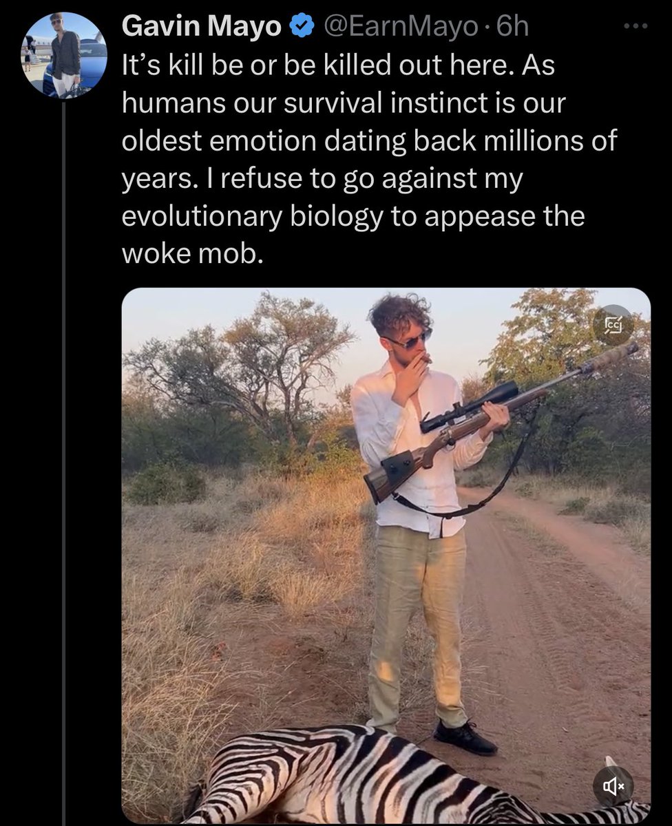 a_toots's tweet photo. This deplorable cunt again. Not content with trying to raise his social media profile by spending $7,000 on a lighter and buying a tiger, he’s now blown away a zebra under the bullshit guise of giving in to his primal instincts. Kill or be killed? Was the zebra armed? Utter twat. https://t.co/EyV3uqYesV