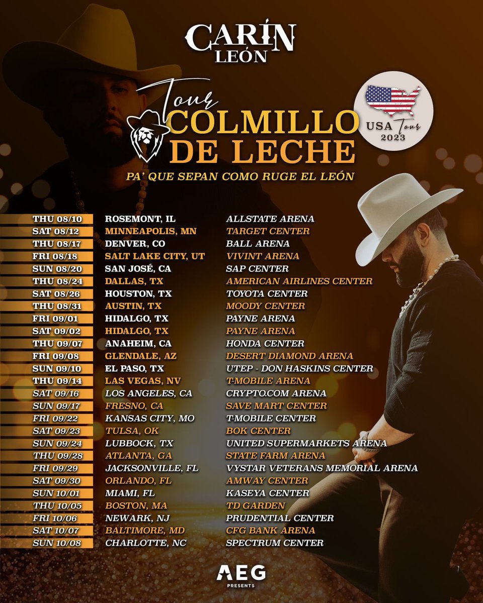 Mi gente de USA 🇺🇸 les aquí les dejo las fechas que tenemos para nuestra nueva gira “COLMILLO DE LECHE”
 A todos MUCHAS GRACIAS por el apoyo 🤍.
Registrate para tener acceso a la preventa!
Boletos a la venta el 11 de MAY a las 10 a.m. hora local.
carinleonlive.com