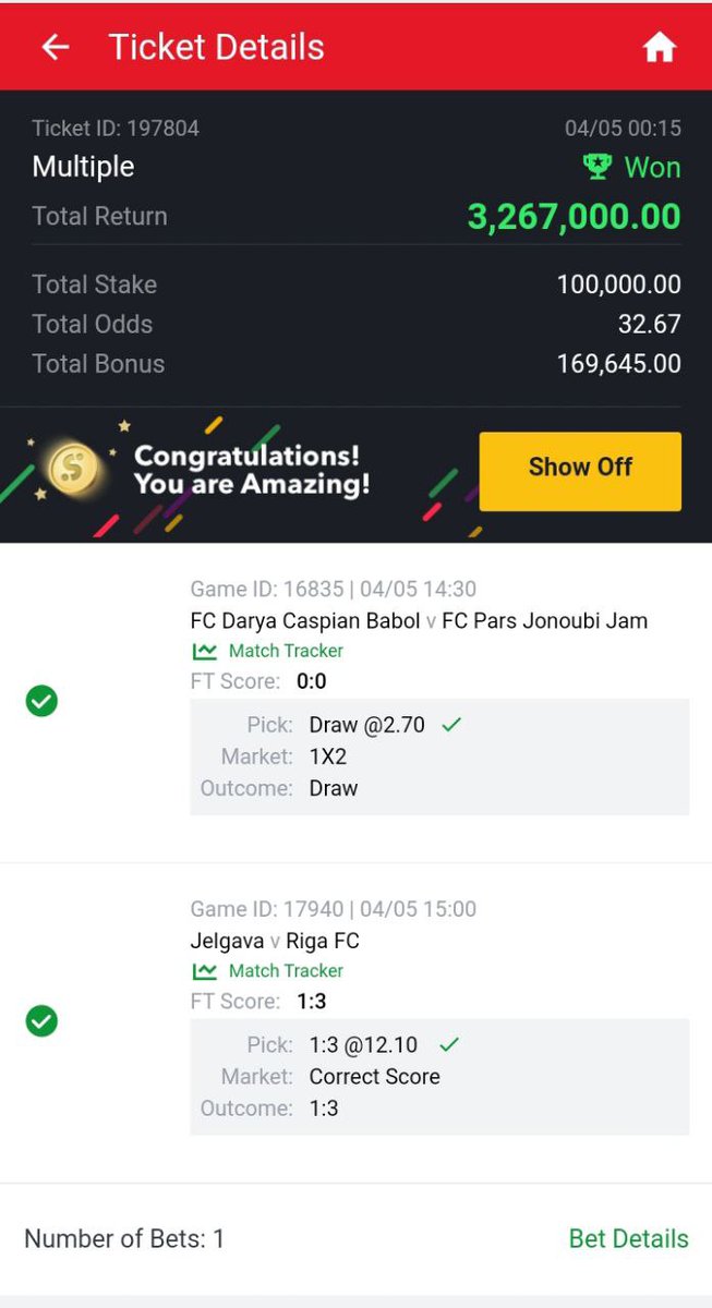 LuxuryOdds's tweet photo. Congratulations✅🎉
Congratulations
Games finished...
Final result achieved 💯
Slip of our first winner for the day🎉 https://t.co/mhG5wUjvSi