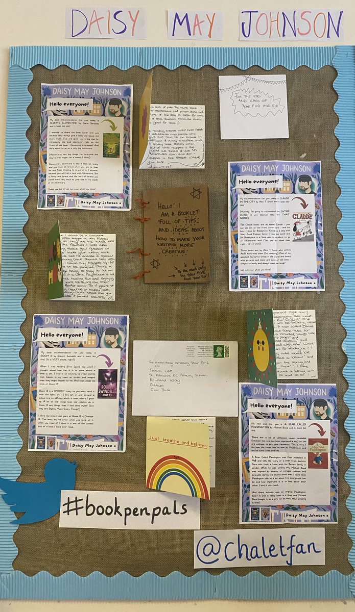 stedwardsrc's tweet photo. More post from author Daisy May Johnson @chaletfan. We love receiving our mail @bookpenpals which is always full of excellent recommendations, a few bad jokes and great inspiration. It also has pride of place on our wall. Our reply is being prepared and will be on its way soon! https://t.co/c0DvAr2t9q