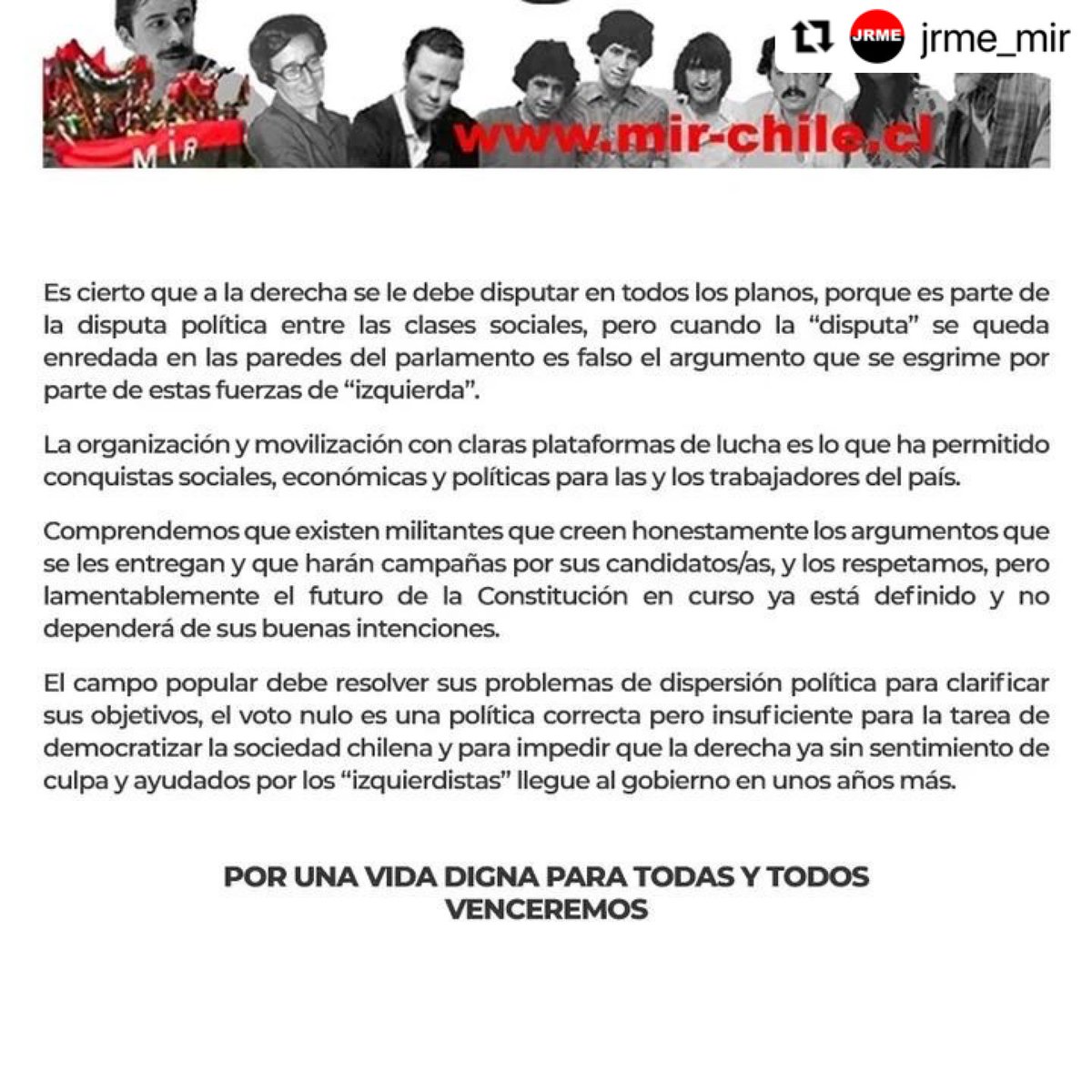 MIRdeChile's tweet photo. Este 07 de mayo a votar Nulo!!!

#Chile #Constitución #Nulo #NuloEl7Mayo 

@El_Rebelde_MIR @JRMECHILE https://t.co/l45ij1Fi92