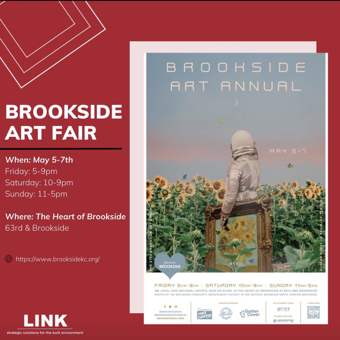link2built's tweet photo. LINK’s office is located in @BrooksideKCity &amp; we love the Brookside Art Annual!

 Starting Friday, May 5th (tomorrow) &amp; runs through Sunday, May 7th. We encourage you to come check out the fair as it is ranked amongst the best in the nation each year. 

 https://t.co/X3YBM2jriA https://t.co/SVONM9Yp17