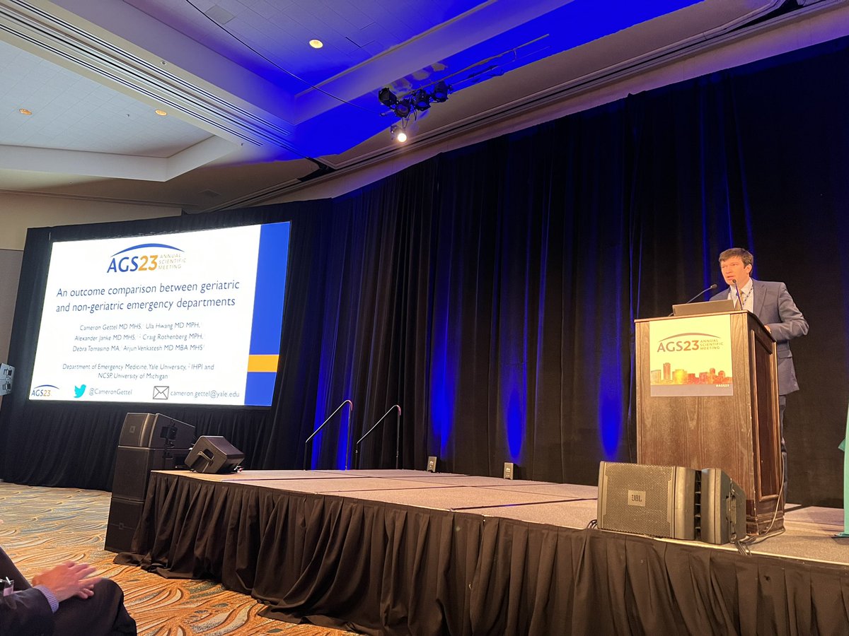 Congratulation Cameron Gettel for AGS standing room only plenary session, comparing Geriatric EDs to Non-GED. Much needed glimpse of how EDs are delivering emergency care to older adults. #ags23 #geriatrics @AmerGeriatrics @Yale_EM @YaleGeriatrics @theGEDC @GeriatricEDNews