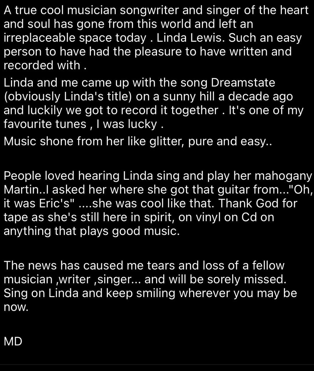 Put on Lark and hear the great Linda Lewis. Such sad news. Note from Matt below… all the love to Linda’s family.