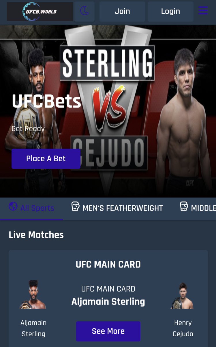 Our betting platform is live for the 1st round of bets

<a href="/HenryCejudo/">Henry Cejudo</a>
 v 
<a href="/funkmasterMMA/">Aljamain Sterling</a>
 
Anyone holding #UFCB can register to receive there first free bet &amp; the chance to win 1T #UFCB tokens 💰

For more info join
T.me/ufcbetstoken

Register here ⬇️
bets.ufcb.world