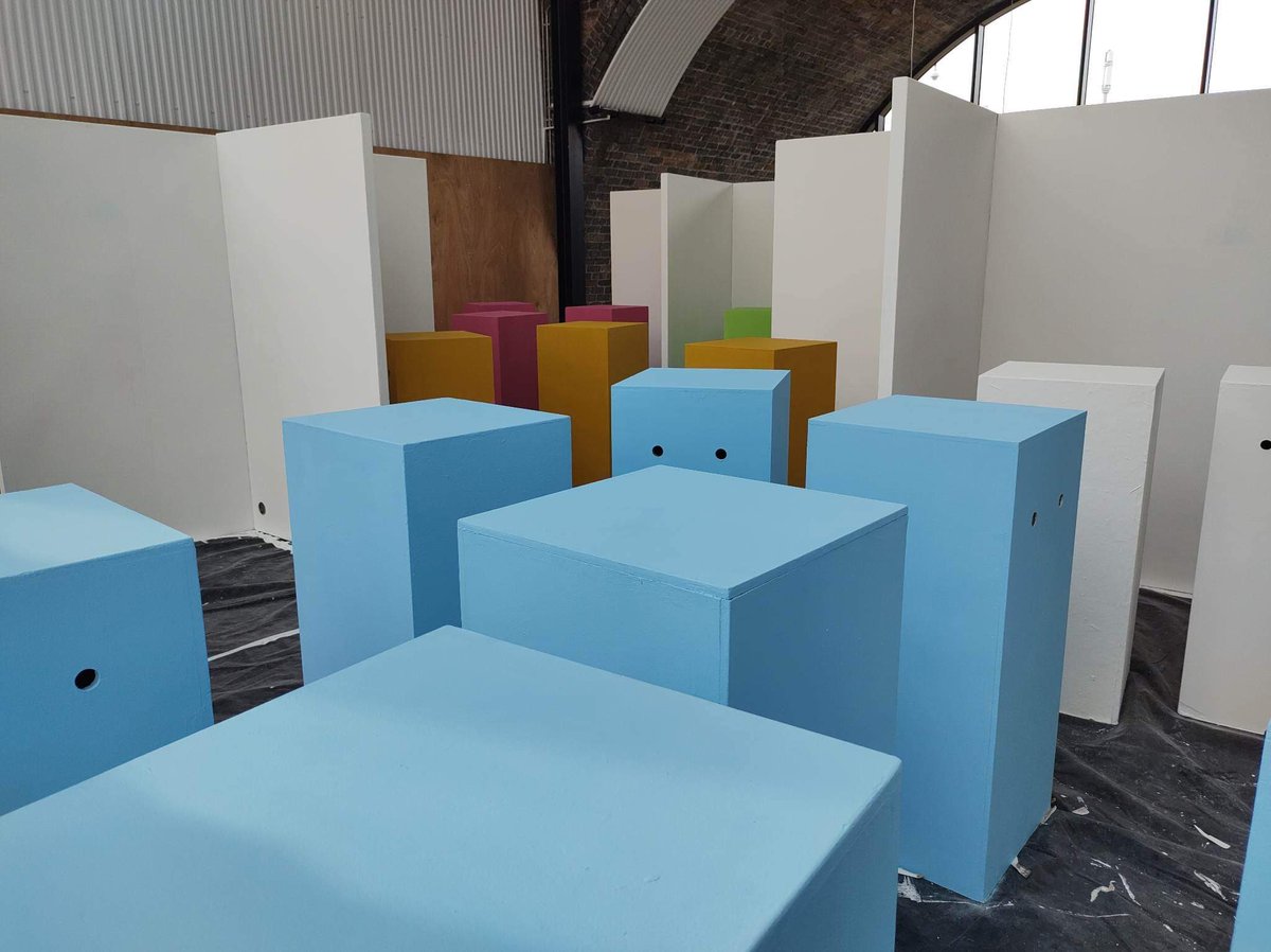 MediaWorcester's tweet photo. Day 3 of Degree Show set up complete with colourful plinths and vinyl cutting #DigitalDestination https://t.co/fMjXaJoA54