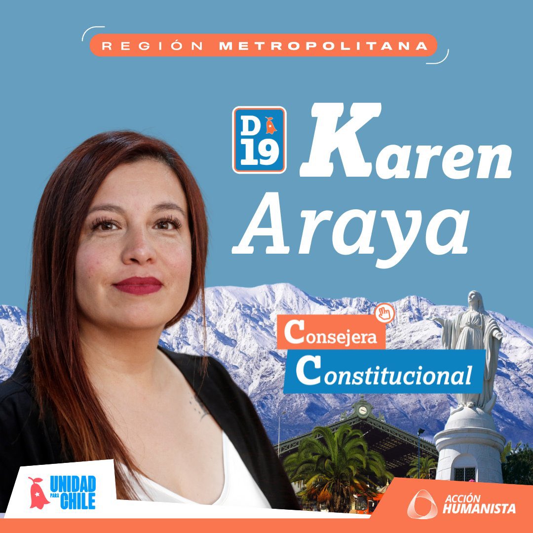 AnaMariaGazmuri's tweet photo. ✊🧡Karen Araya, candidata a Consejera Constitucional por la Región Metropolitana.

Este domingo 07 apoyemos a @karen_Araya_R  profesora, madre y dirigenta sindical; ella representa nuestros anhelos de un Chile más justo para todas y todos. #D19 🌻👏

Lista #UnidadParaChile 
#UnidadParaChileVotaListaD