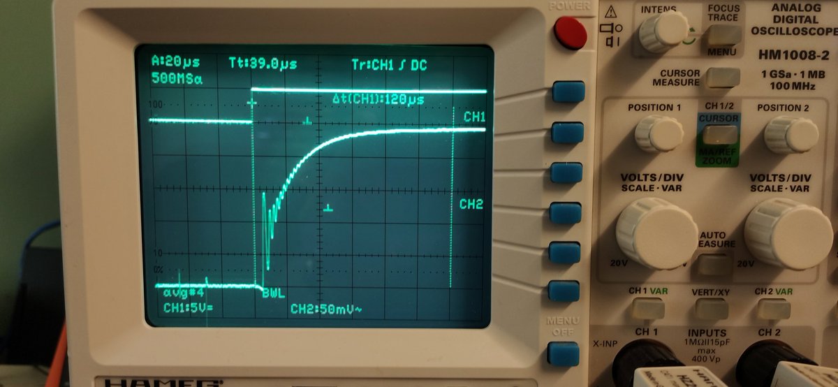 Something very lovely about CRT scopes. This is a 2000 era CRT combiscope from Hameg <a href="/RohdeSchwarz/">Rohde & Schwarz</a>. I love using this beauty.