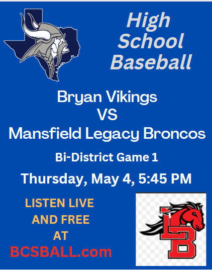 bcs_ball's tweet photo. LISTEN LIVE AND FREE Today (5-4) AT 5:45 PM (New Time) #Bryanbaseball vs #LegacyBaseball on https://t.co/tBAZQI5vIe @BryanISDSports @BryanVikingClub @BHighBaseball @legacybaseball9 @BHSSportsMedia @BHSsoftball https://t.co/xbK6Y1JK5b