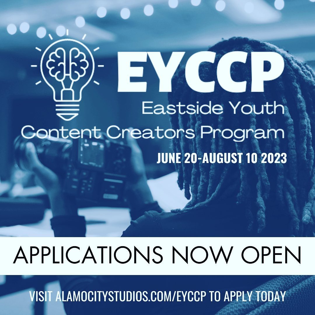 The Eastside Youth Content Creators Program📹🎬 <a href="/AlamoCityStudio/">Alamo City Studios</a> is a unique, eight-week program designed to take high school Juniors &amp; Seniors in D2, from content creation to completing their own video projects. The application is now open!  Please visit alamocitystudios.com/eyccp/