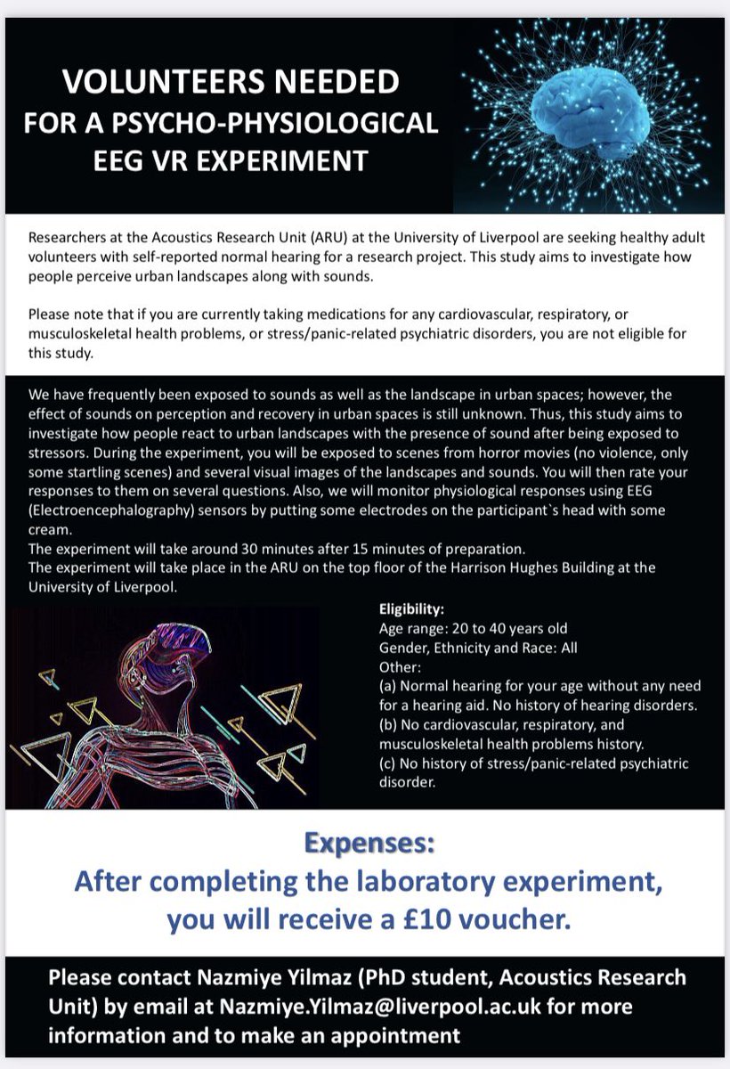 Volunteers needed! My friend is looking for 10 more participants for her PhD project! If you are between 20-40 and in Liverpool, please find the details about EEG VR Exp👇 calendly.com/nazmiye-yilmaz… #Liverpool #universityofliverpool #PhD #VR #Experiment #psychologystudent