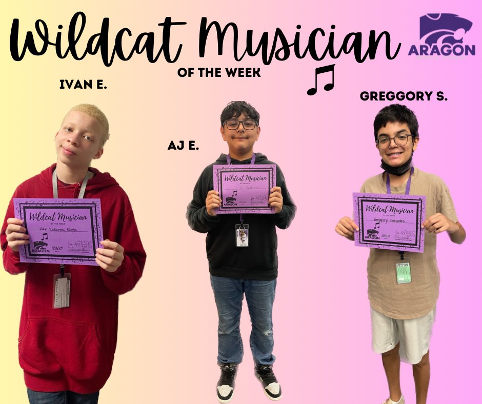 AragonWildcats's tweet photo. Even though summer is sounding pretty sweet, these #WildcatMusiciansOfTheWeek are still putting in the work to finish the year strong! Congrats to Ivan, AJ, and Greggory! Thank you for your #WildcatExcellence https://t.co/scpPoyu7ux