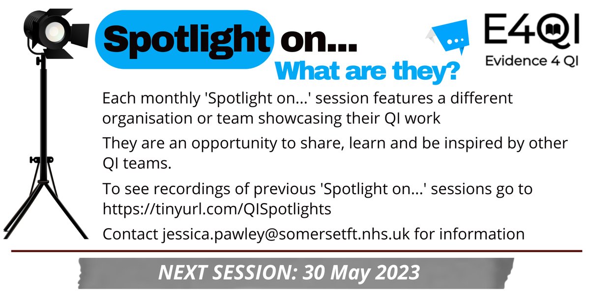 📣Save the date! The next @Evidence4QI #Spotlight sessions are 30.5.23 with @SolentNHSTrust & 21.6.23 with @JubileeHospital Don't miss the chance to hear from your #QItwitter peers. Want to present your QI story? 📷 jessica.pawley@somersetft.nhs.uk @FabNHSStuff @theQCommunity