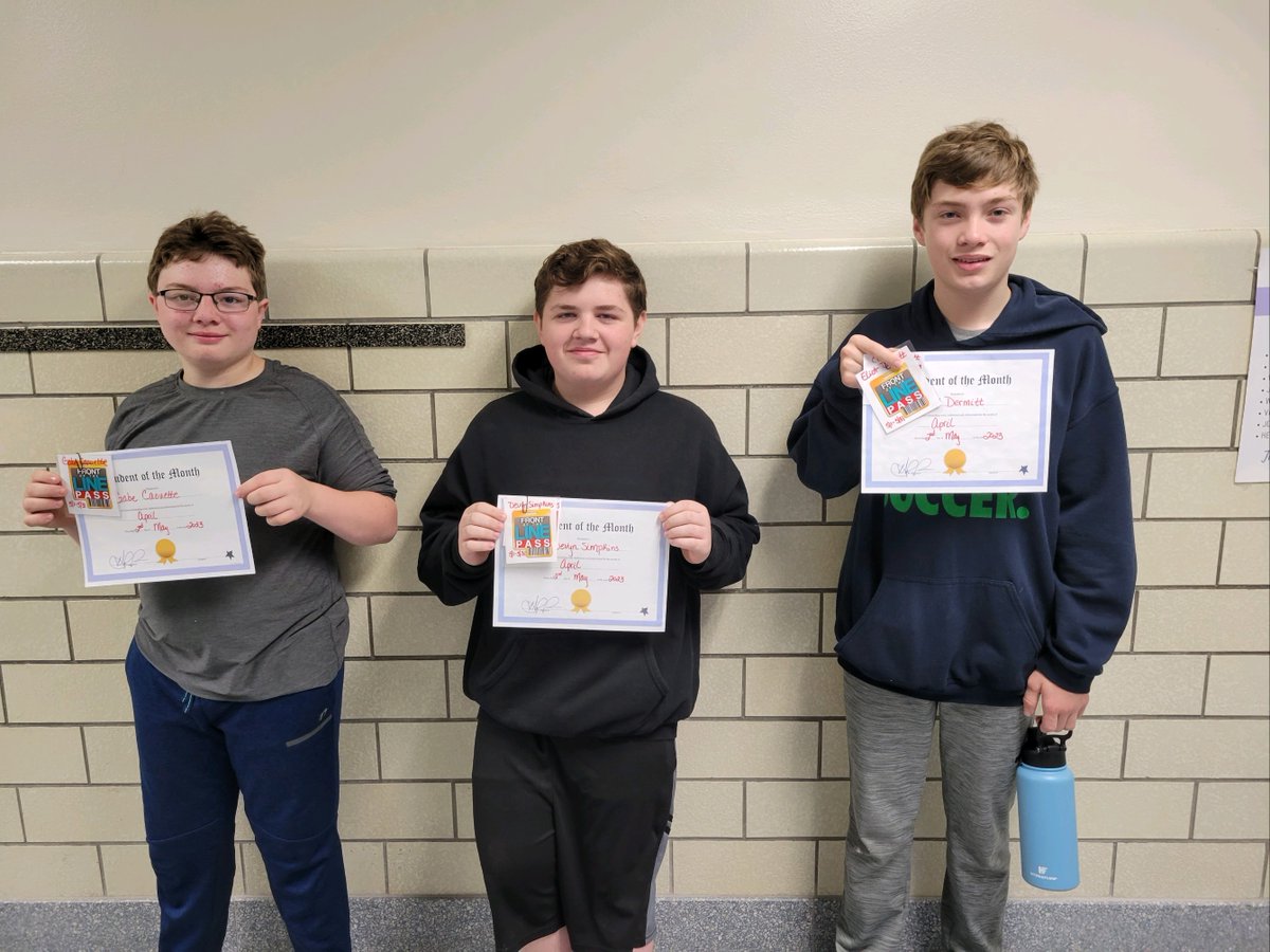 Congratulations to April's Students of the Month:
6th Grade- Gabe Caouette
7th Grade- Eliot Dermitt
8th Grade- Devyn Simpkins