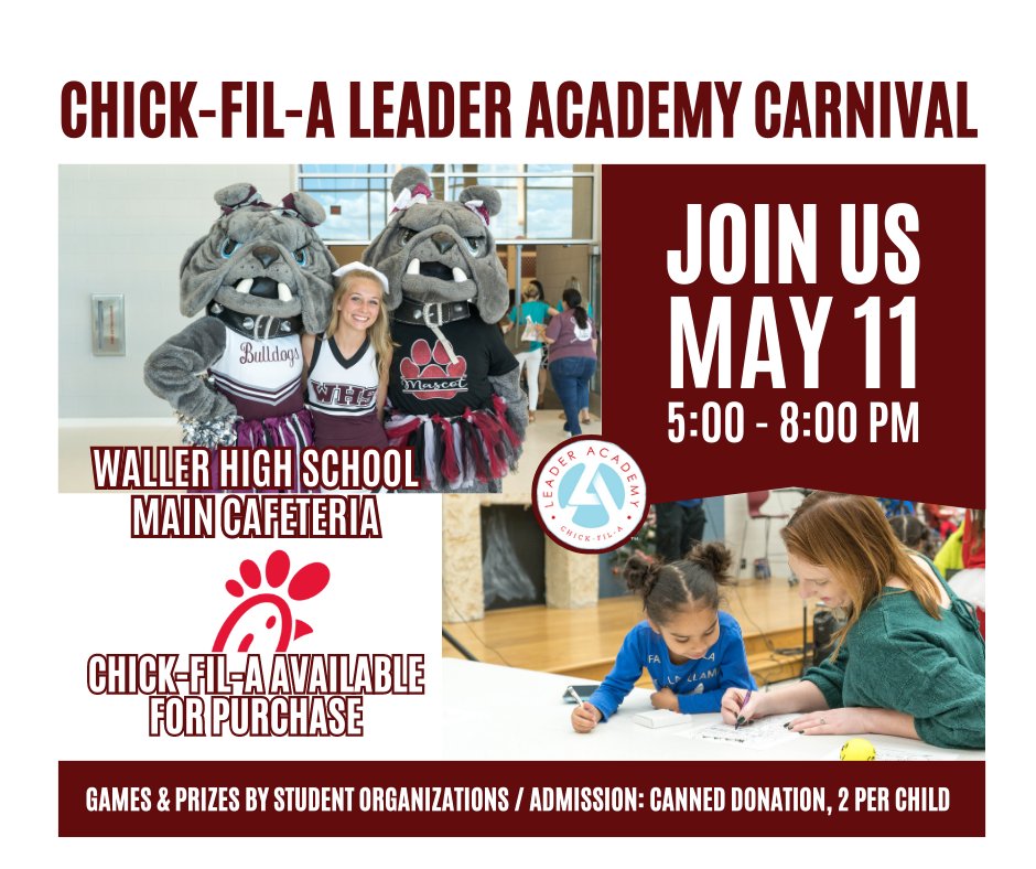 #WISDfamily Come out next week for a night of fun hosted by our Waller High School Chick-Fil-A Leader Academy! Donations for admission will help support Waller Assistance &amp; Restoration Ministries and a silent auction held for donations to support Waller Animal Shelter and Rescue.