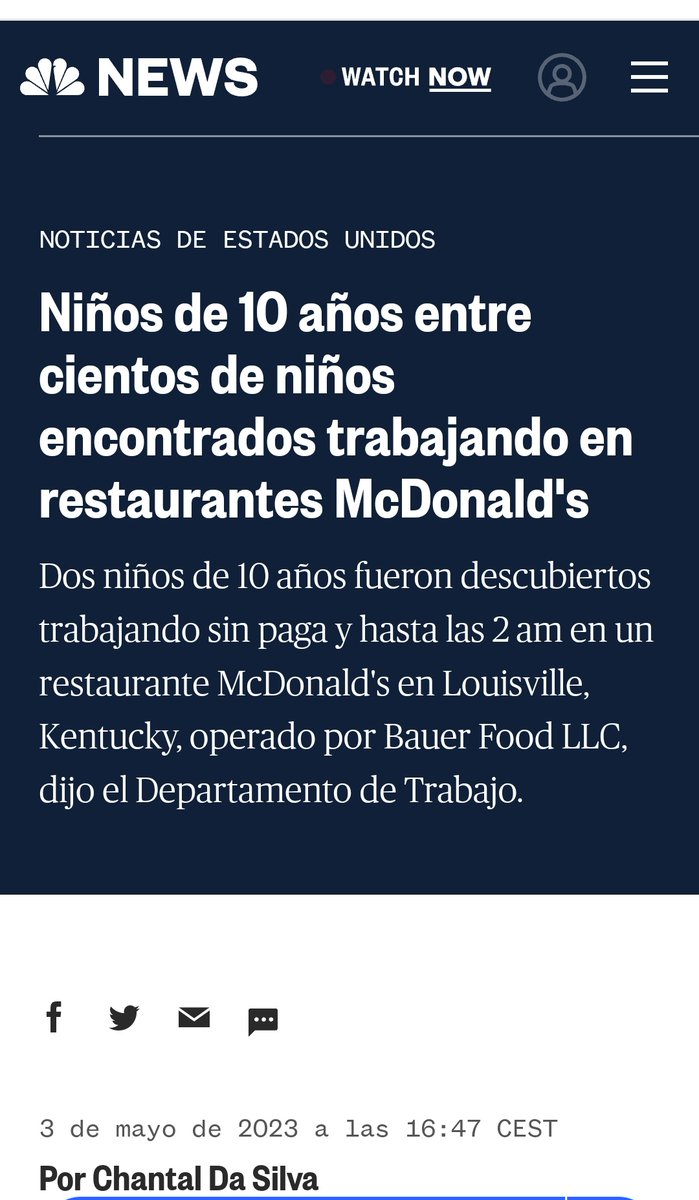 Marzo de 2022: los ejecutivos de McDonald's deciden que esa empresa no siga en Rusia por el sufrimiento humano de inocentes en Ucrania.

Mayo de 2023: descubren que centenares de niños, algunos con solo 10 años y sin paga, trabajan en restaurantes McDonald's de Estados Unidos.