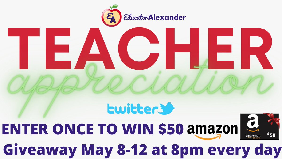 educatoralex's tweet photo. HAPPY TEACHER APPRECIATION WEEK

Enter to Win $50 Amazon GC

1. Follow @educatoralex
2. Retweet this tweet
3. Fill out this Form once for the whole week: https://t.co/BkB1kDdcXM

Winners announced M-F at 8pm cst

#EdChat #Edu #Education #Educhat #teacher #teachers #classroom #k12 https://t.co/TLZIAkrZjH