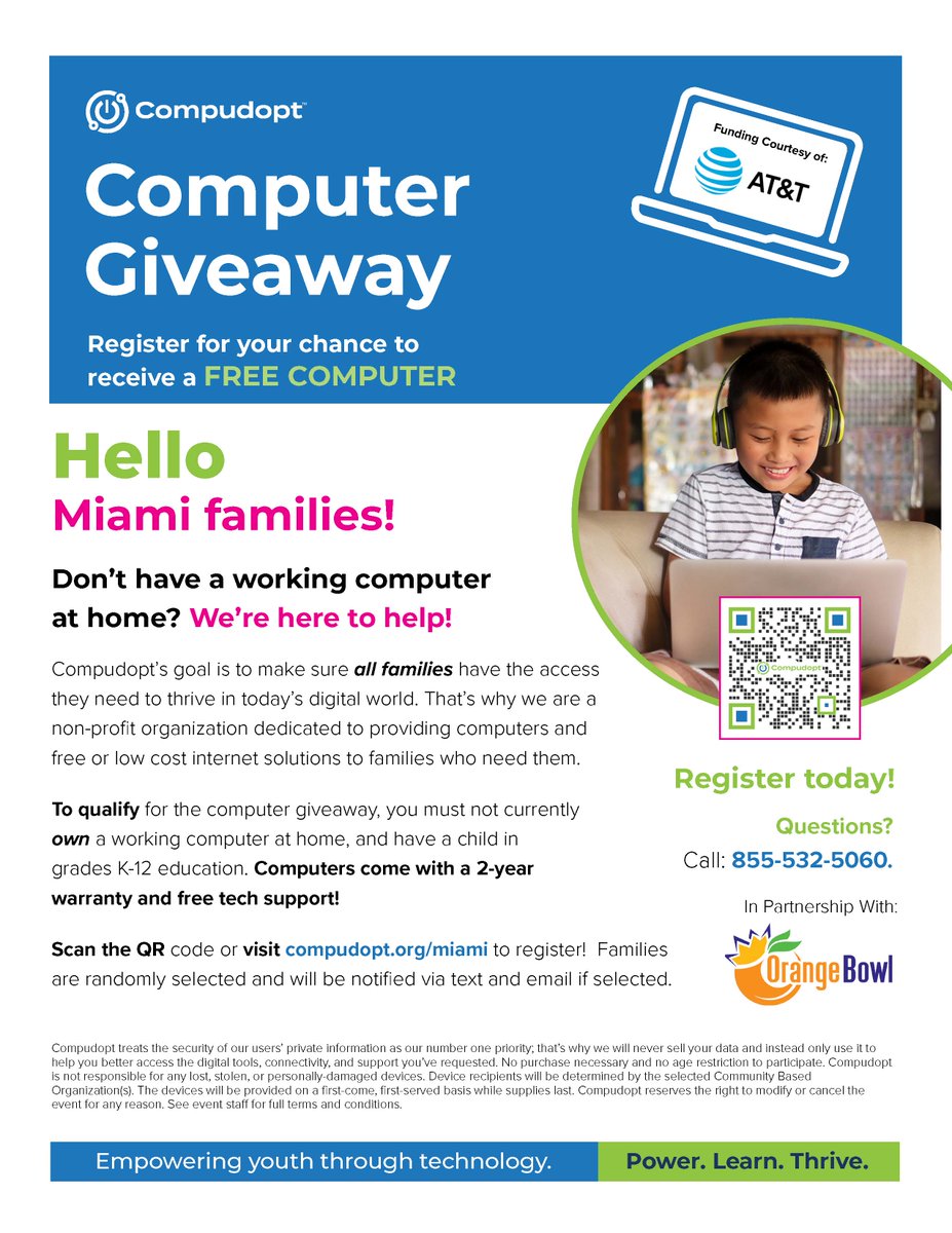 Register now to receive a free laptop at compudopt.org/Miami. @ATT & @compudopt are providing 300 laptops to eligible #Miami students & families as part of AT&T's commitment to help bridge the #digitaldivide. To qualify for the giveaway, 1/2