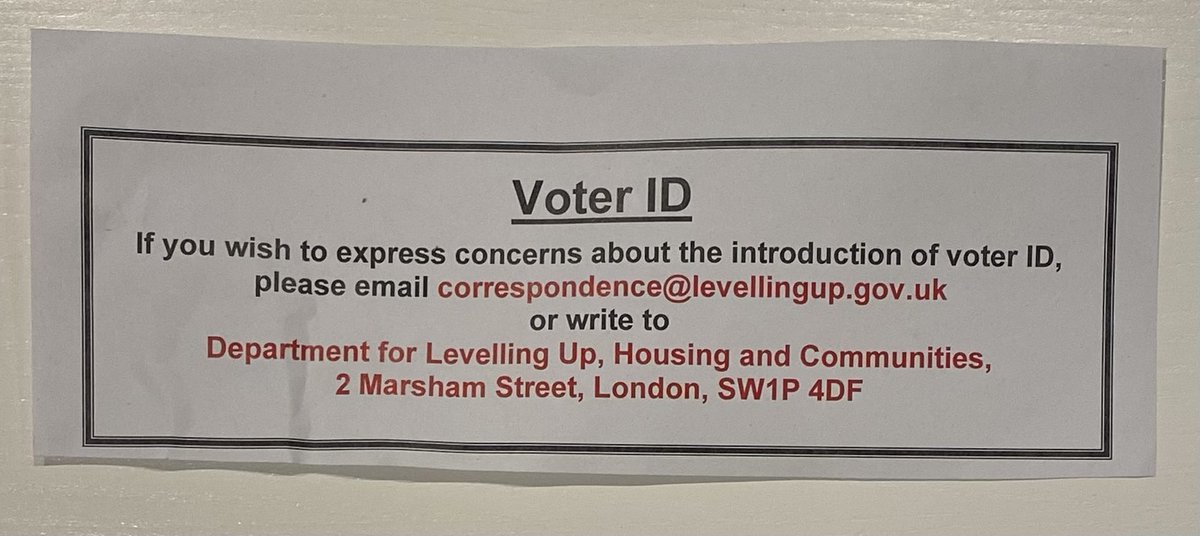 MacdonaldDuncan's tweet photo. Voted. ❎  And expressed my dismay at the new requirement to provide ID to do so. Was given this. Please consider emailing @luhc if you also think this is wrong. 

#LocalElection2023 🗳️ https://t.co/kB1Xz43SY3