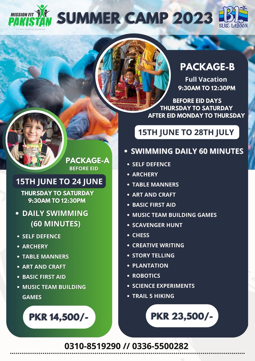 ShihanAkash's tweet photo. 𝐊𝐢𝐝𝐬 𝐒𝐮𝐦𝐦��𝐫 𝐂𝐚𝐦𝐩 𝟐𝟎𝟐𝟑👉 0310 8519290 
Looking for a summer camp that will keep your kids active, engaged, and having fun? Look no further than Mission Fit Pakistan's Kids Summer Camp 2023! 
Register now

 #KidsSummerCamp2023 #matura2023 https://t.co/I2gkHi3RfH