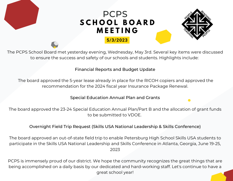 pcps_va's tweet photo. Several key highlights from last night's school board meeting. https://t.co/cypbQQJZCI