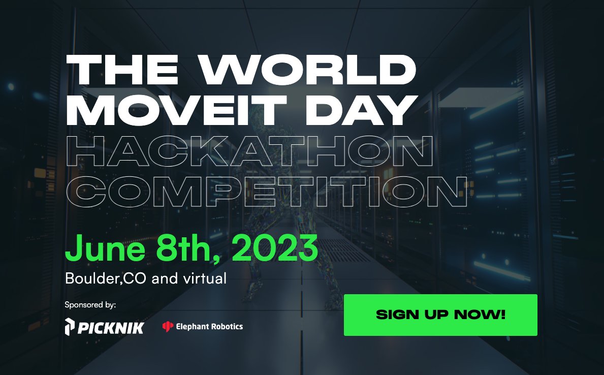 🚨 Attention Roboticists & Developers! 🚨 
Signups for #WMD2023 Hackathon are now open! 

Win fantastic prizes from @CobotMy (Elephant Robotics) and @PickNikRobotics! Spots are limited! 

👉 picknik.ai/worldmoveitday…

#Robotics #Hackathon #ML #PythonBindings #ElephantRobotics