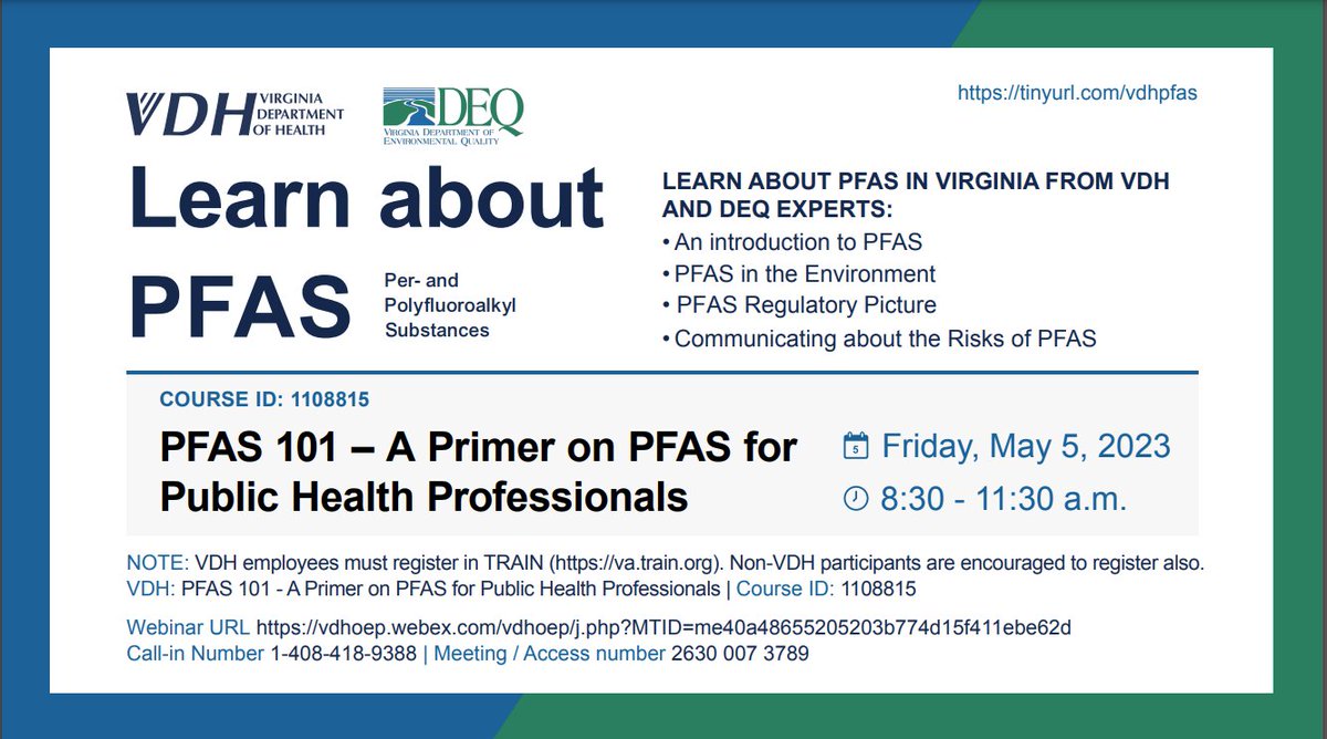 VAOralHealth's tweet photo. Join the webinar TOMORROW at 8:30AM to learn about #PFAS, how they're regulated, and why they matter. Get the info here 👉https://t.co/2Kh9kl42EI
@VDHgov @VirginiaDEQ https://t.co/NL7XXegrE6