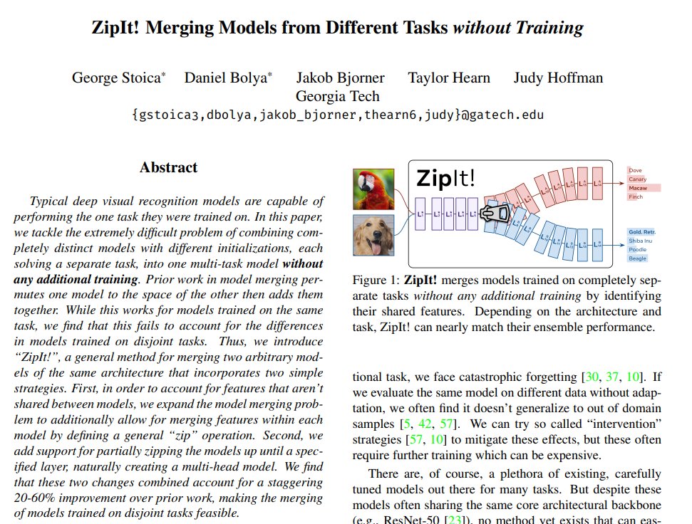 arankomatsuzaki's tweet photo. ZipIt! Merging Models from Different Tasks without Training

Presents ZipIt!, a general method for merging two arbitrary models of the same architecture that incorporates two simple strategies.

https://t.co/zUZGY2tCpW https://t.co/W1PLYXd1kI