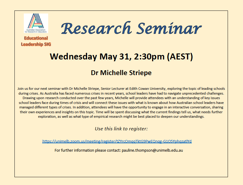 Coming up on March 31st <a href="/2/">A 2-loop</a>.30pm. Dr Michelle Striepe on leadership in times of crisis